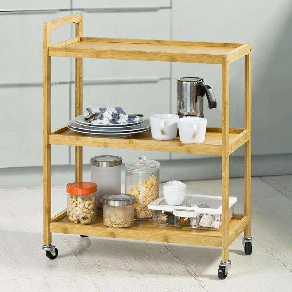 3 Tier Storage Bamboo Kitchen Shelf / Rack 58.1x30.2x76.4cm With Wheels