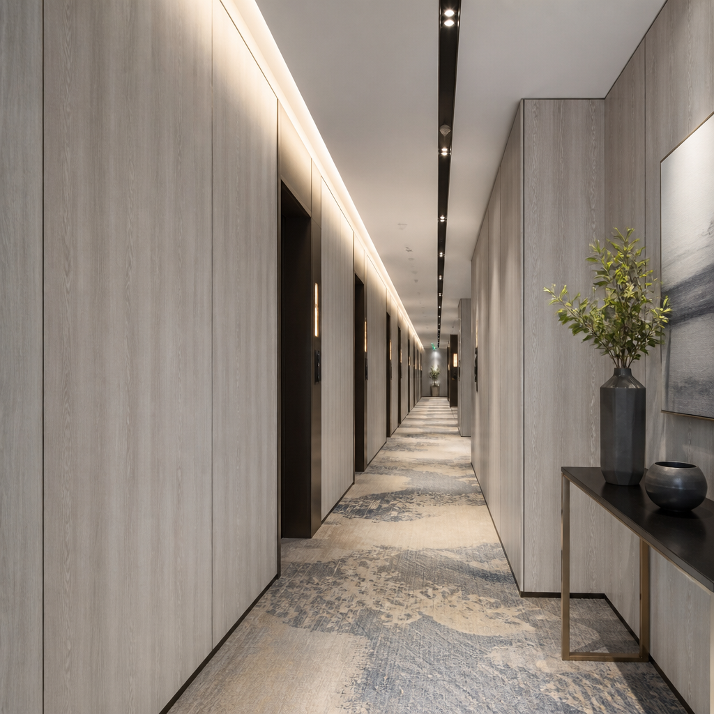 Hotel Corridor Renovation SPC Wall Panels B1 Fire Rated Click Lock Cladding