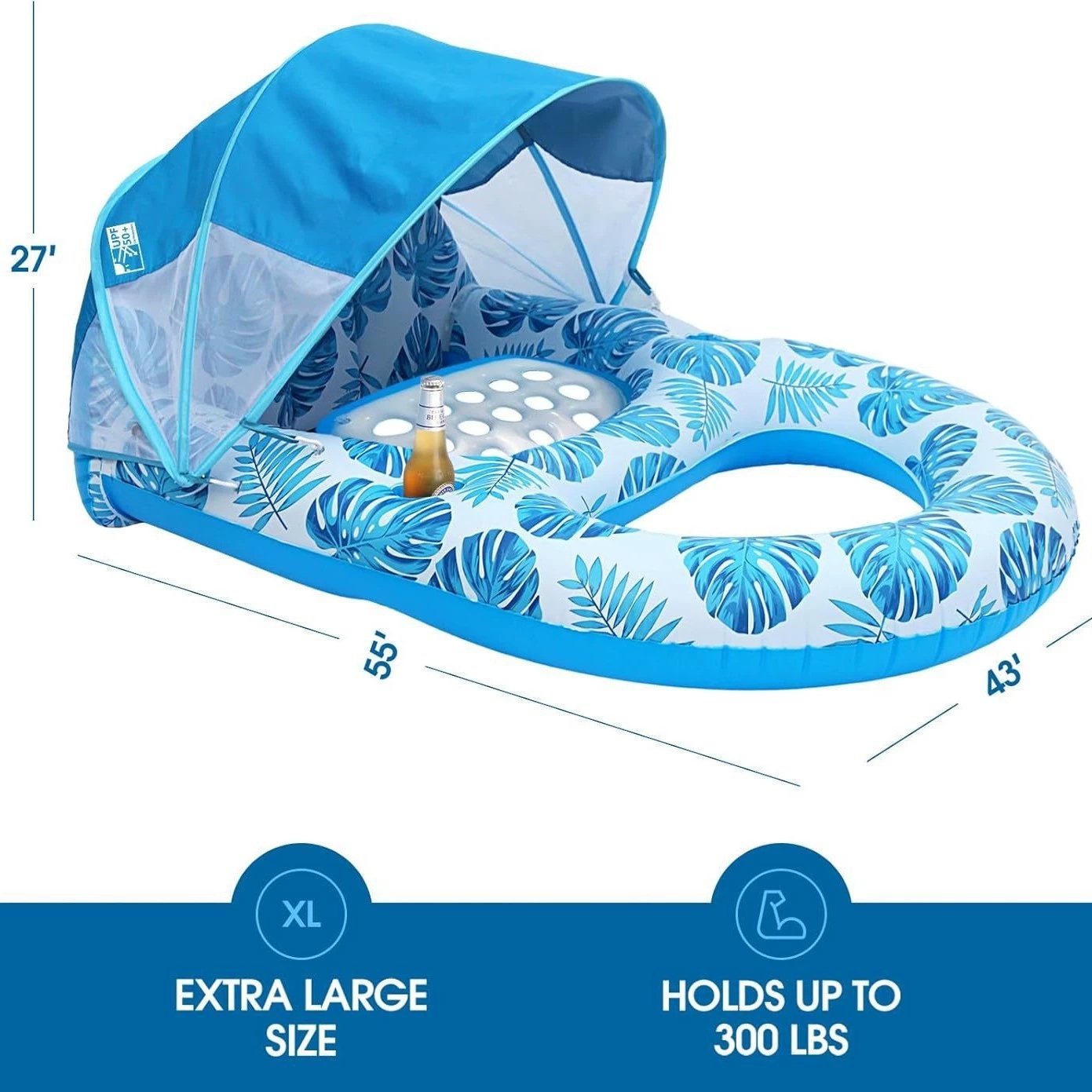 PVC Inflatable Sunshade Floating Bed Canopy Pool Lounge Chair Detachable Floating Raft Backrest Hollow-Design for Beach Water