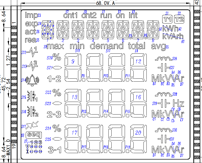 Customized size fstn 14 segment monochrome lcd screen display for 3 three phase energy meter