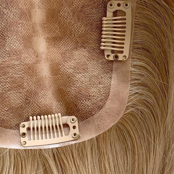 Mono Base PU European Human Hair Topper 5.5X6 Straight Blonde Hair Toupee with Clip 16 for Women