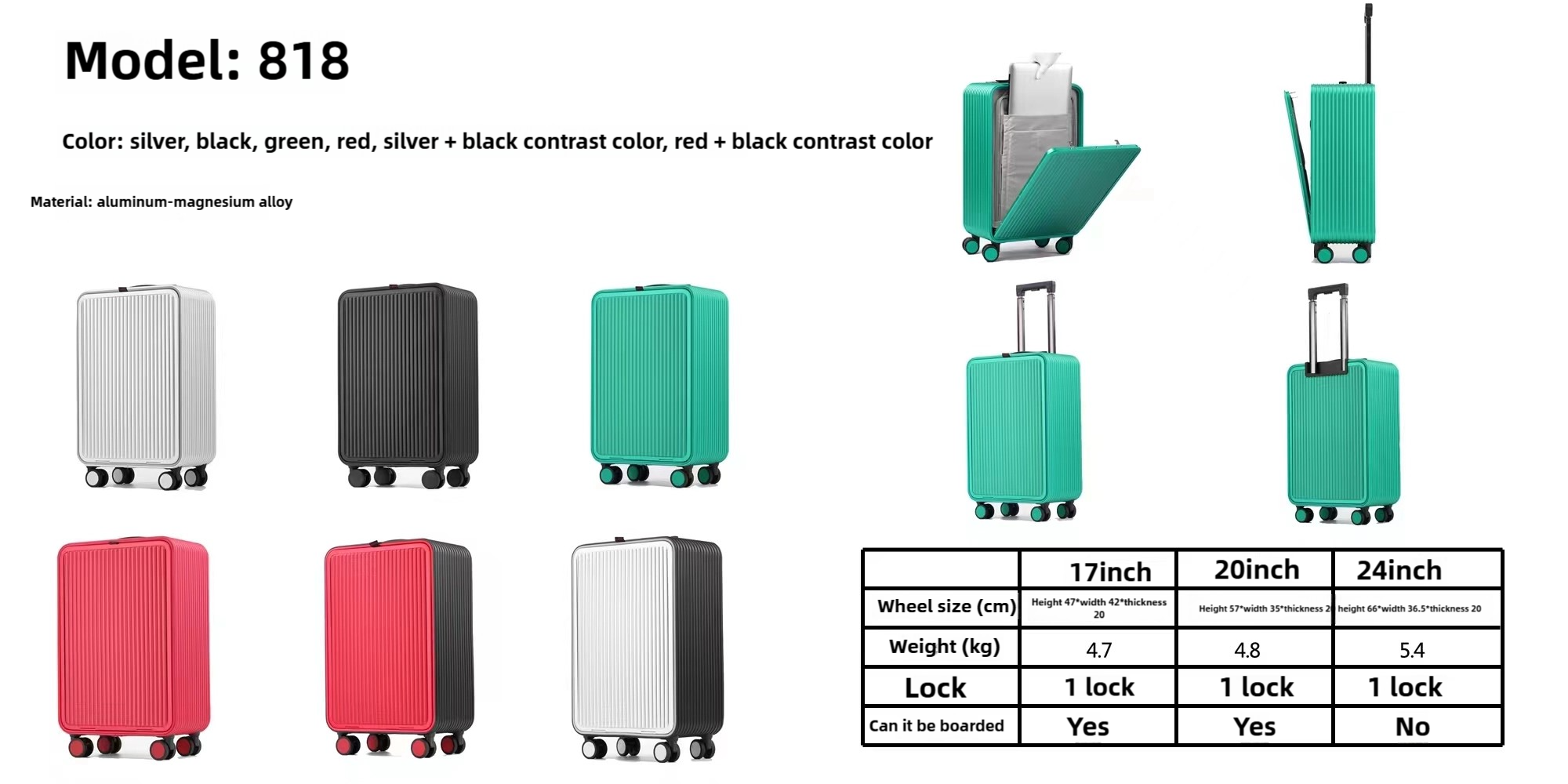 Front Opening Travel Luggage Suitcase Modern Aluminum Smart Spinner Hard Side Luggage
