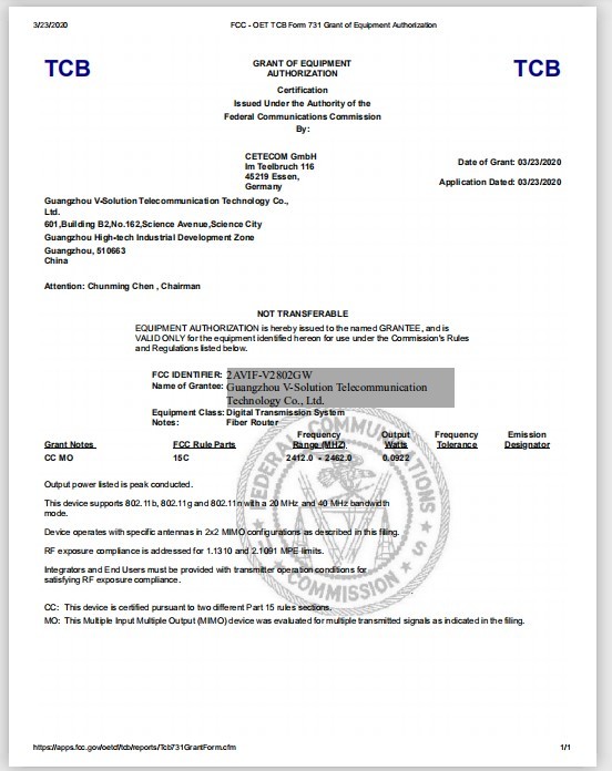 Guangzhou V-Solution Telecommunication Technology Co., Ltd. Сертификации