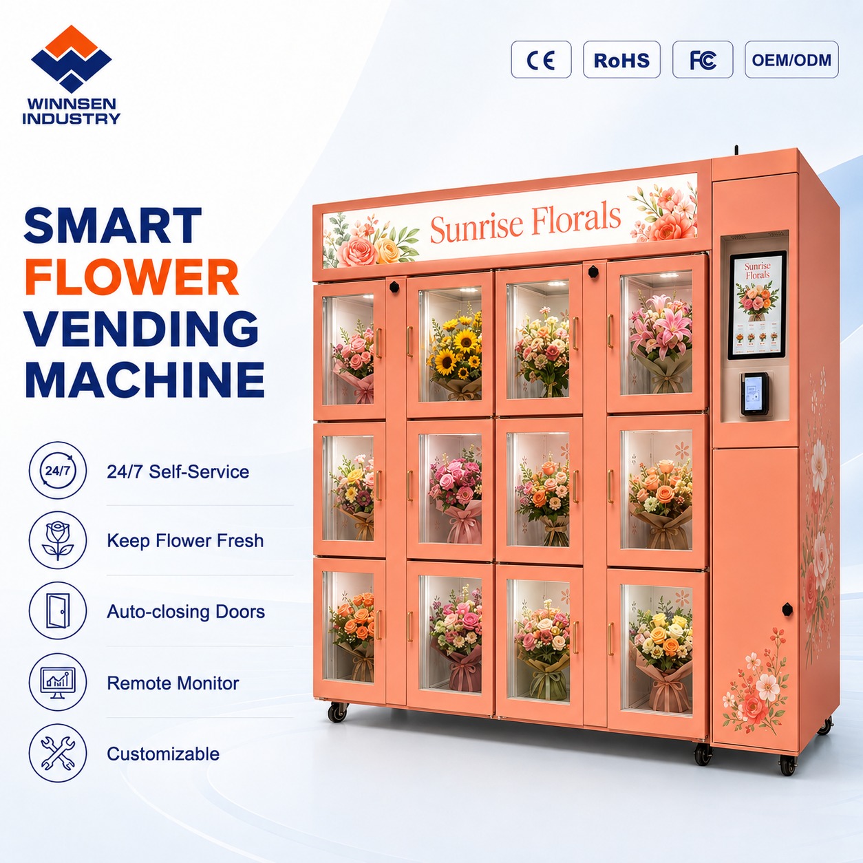 24H Refrigerated Fresh Flower Vending Machine with Double Glass Door and 15.6-inch Touch Screen