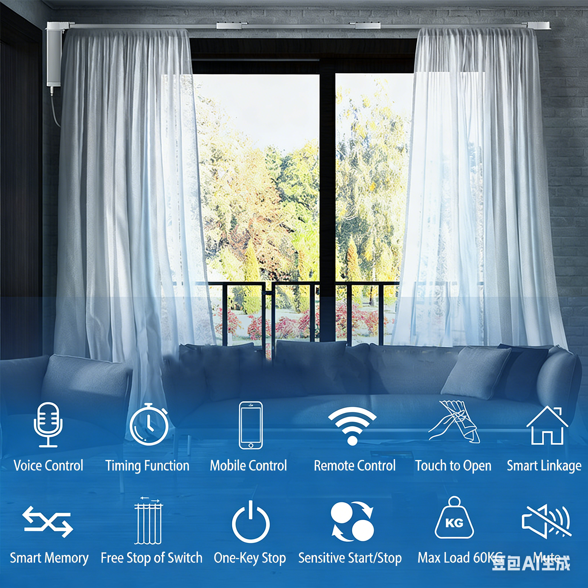 Automatic Tuya WiFi Smart Motorized Curtain Track System 60kg Anti Theft