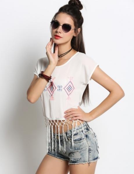 tops for women 2016 Women Round Neck Embroidery Tassel Blouse Crop Tops