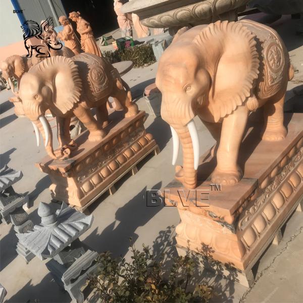 BLVE Natural Stone Marble Life Size Elephant Statue Sunset Red Chinese Fengshui Animal Sculpture Garden Decoration