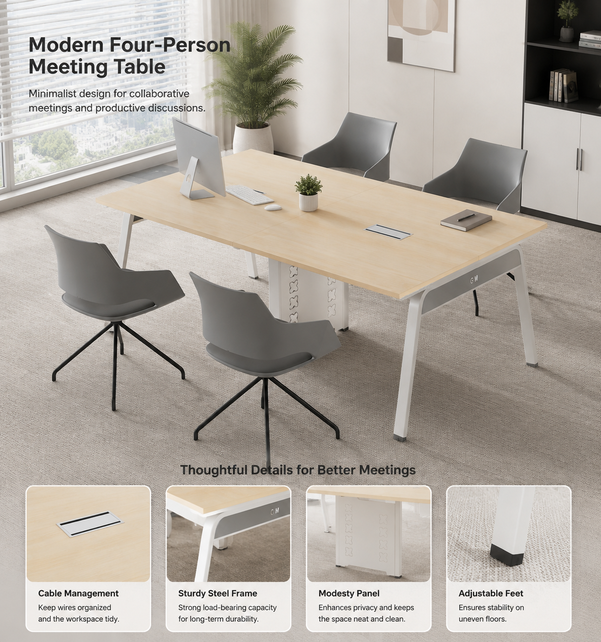 Modern 4 Person Conference Table with Cable Management for Small Office Meeting Rooms