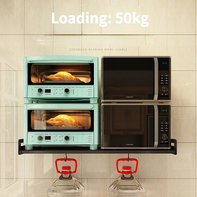 Wall Mount Microwave Oven Shelf Rack for Kitchen Home, Stainless Steel Counter Countertop Holder with 5 Sliding Hooks