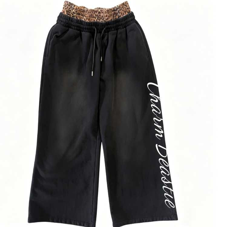 Faded Mens Wide Leg Pants Leopard Waist Terry Wide Leg Sweatpants Vertical Letter Embroidery