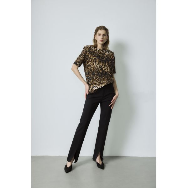 OEM ODM Leopard Print Tee Black Split M L XL Size Hem Flared Pants Set