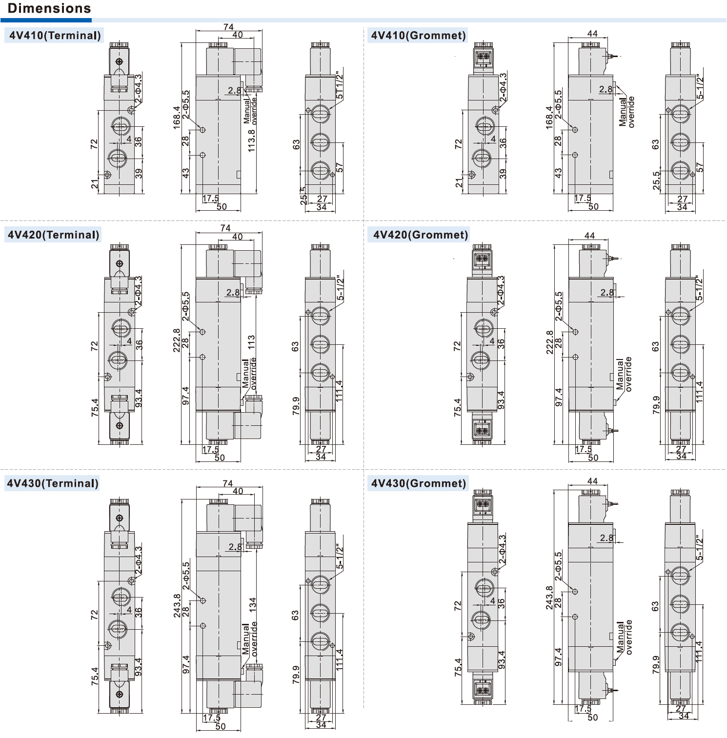 4V400 Series AIRTAC Aluminum Alloy 5/2 way, 5/3 way Electric Solenoid Valves 1/2