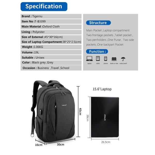 T-B3399 Waterproof Travel Laptop Backpack Anti Theft Lightweight Mochila Men With Usb