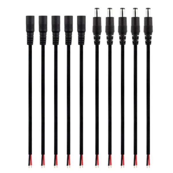 Black DC Barrel Power Plug Pigtail Cable with 2.1mm X 5.5mm Male Female Jack Connector
