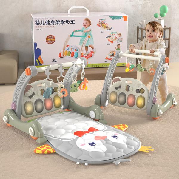 Four-Wheeled Infant and Toddler Foot Piano 2-In-1 Learning Walker Handcart in Plastic