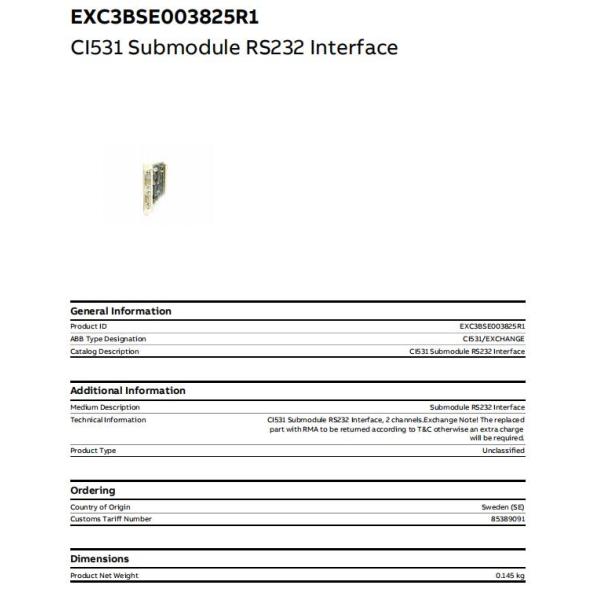 Подмодуль интерфейса CI531 3BSE003825R1 ABB RS-232