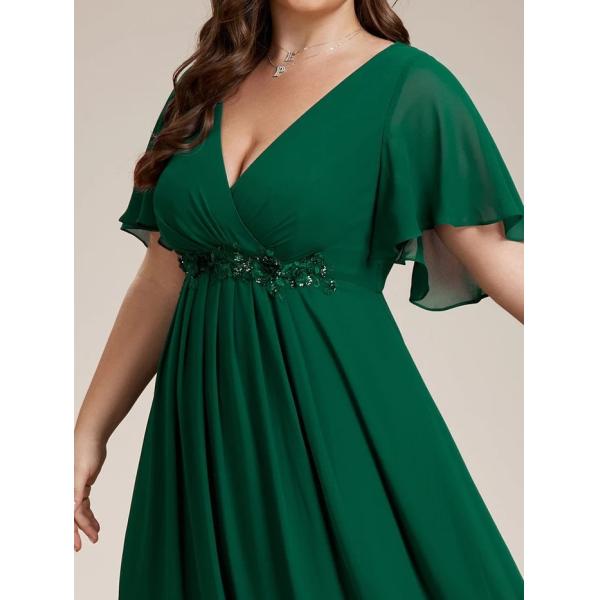 Sexy Empire Applique A-line Short Flutter Sleeves V-neck Invisible Zipper Dark Green Chiffon Evening Dress