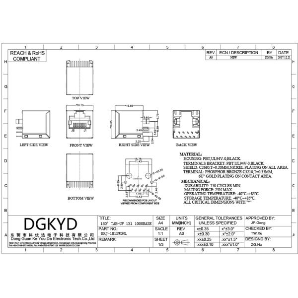 1000 Base-T ethernet connector Magnetic module, vertical insertion, metal shielded