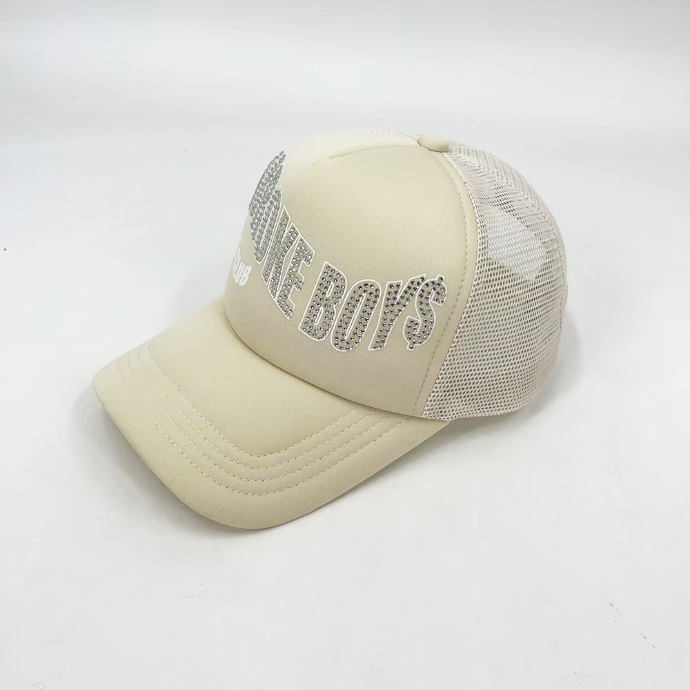 Rhinestone Mesh 5 Panel Trucker Cap Curved Brim For Sport Snapback Cap