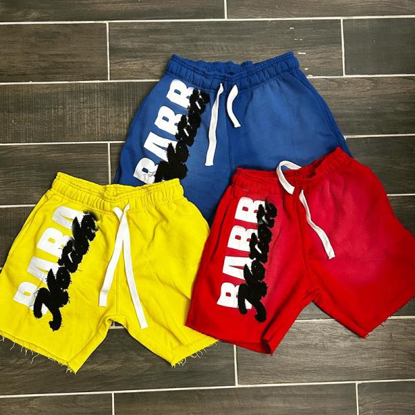 Aplicación personalizada Parches bordados angustiados Peso pesado Sol desvanecido ropa callejera Correr lavado con ácido Vintage Shorts para hombres