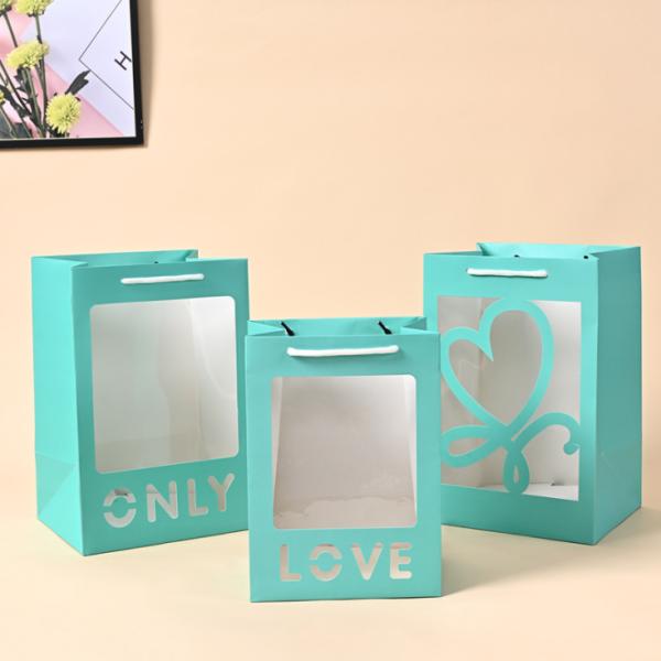 Blue PVC Window Cardboard Gift Bags With Laser Cut Love Recyclable Tote With Handle