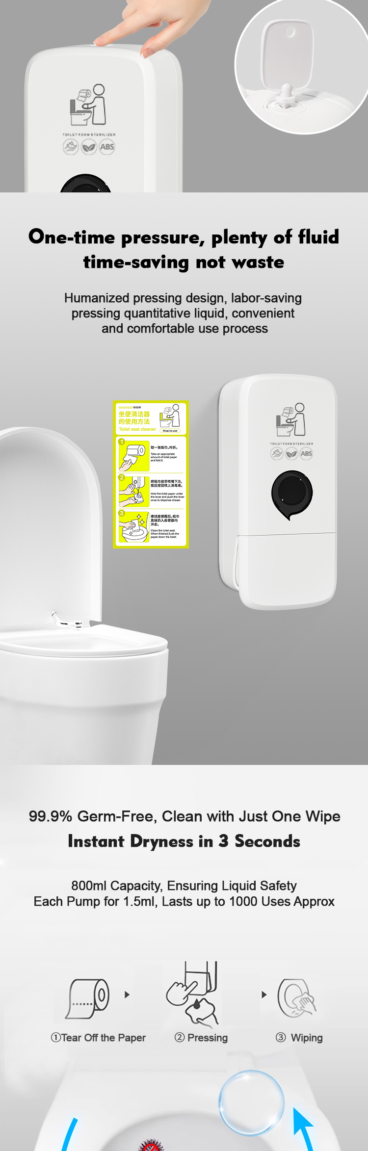ABS Plastic 800ML Toilet Foam Soap Dispenser Commercial Wall Mounted Sanitizer Dispenser