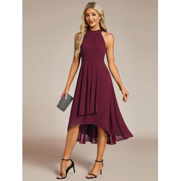 A Line Sleeveless Halter Neck Wedding Guest Dress Burgundy Chiffon Cocktail Dresses