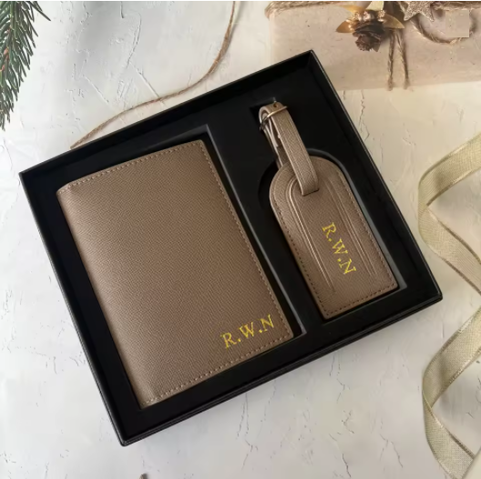 Genuine Saffiano Leather Passport Cover Luggage Tag Set Classic Design Waterproof