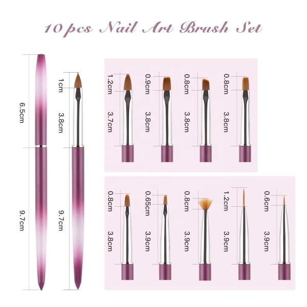 Salon Art Metal Handle Nail Brush 10pcs Set Nylon Hair 3D Acrylic Brush