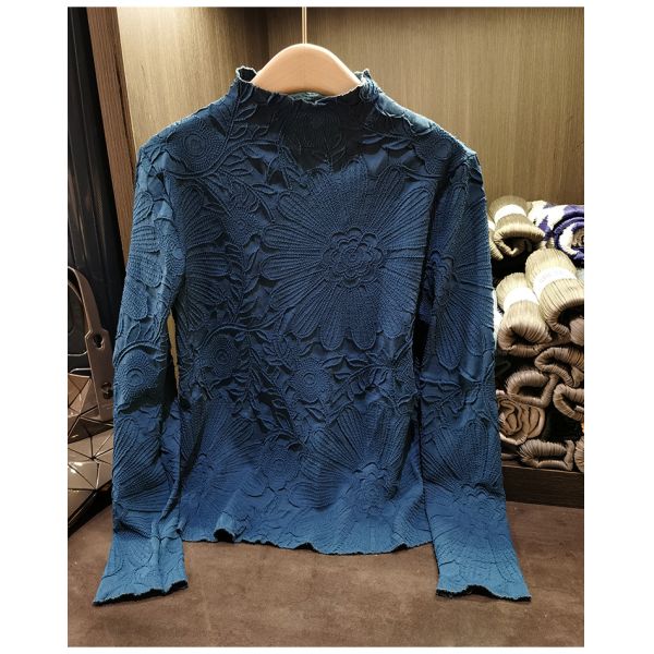 Japanese Pleated Stand Collar Long Sleeve T-shirt Top Printed Pleated Embodying Pleated Process Makes Flower Fashionable
