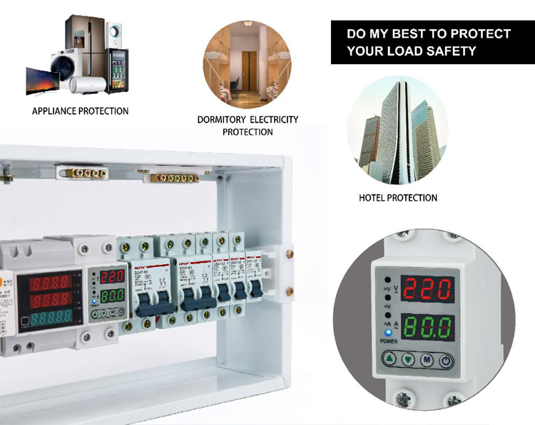 40A Din Rail Single Phase Over Under Voltage Protector Automatic Reconnect Device with On-Off Function Voltage Display SVC Use