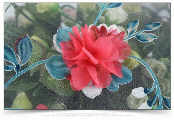 Red color Polyester 3D flower embroidered Lace fabric   for bridal dress