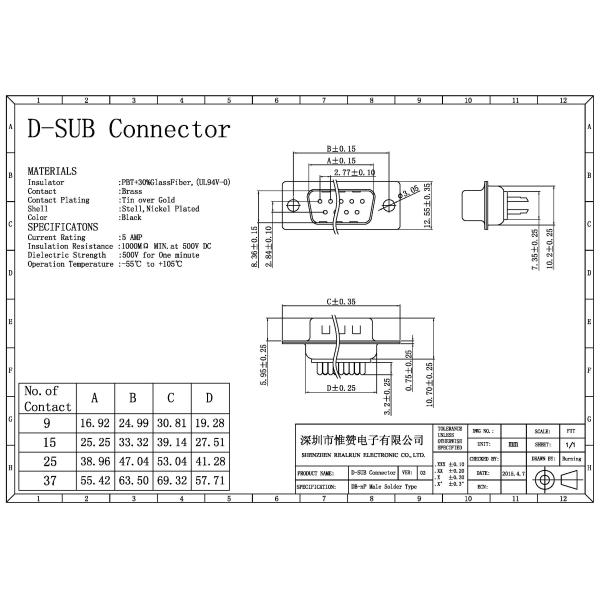 Соединитель 15 Pin d Subminiature проштемпелевал контакт прямое PBT