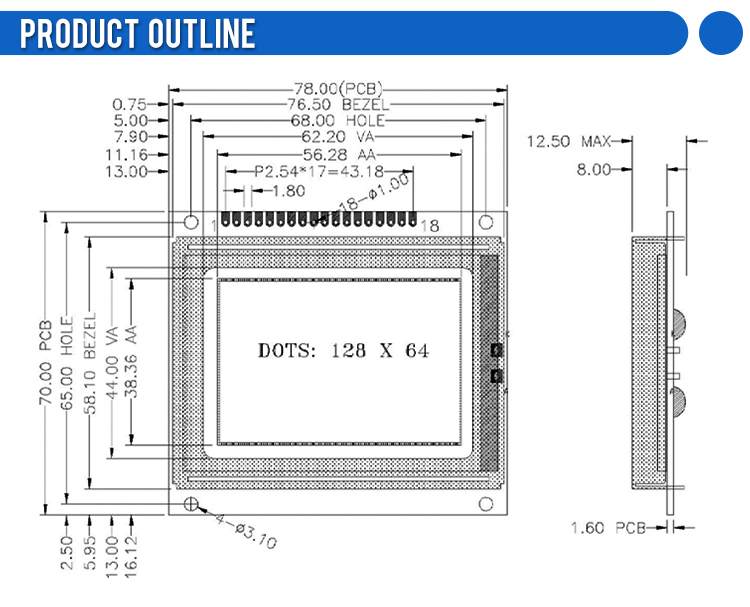 Blue Film 12864C-5 128X64 Dot Matrix LCD Display Module SBN0064 Controller 18PIN Parallel Port