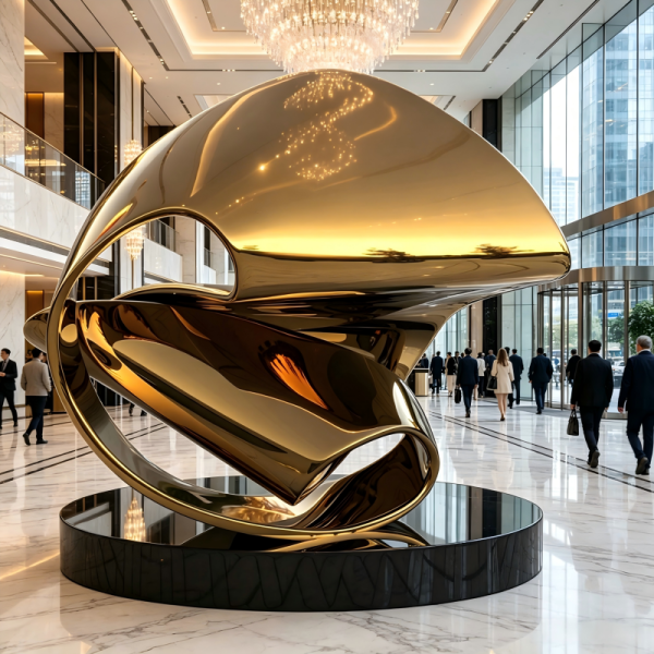 Titanium Gold Polished Stainless Steel Abstract Ring Sculpture with Black Granite Base | Modern Large Outdoor & Indoor Luxury Metal Art Statue