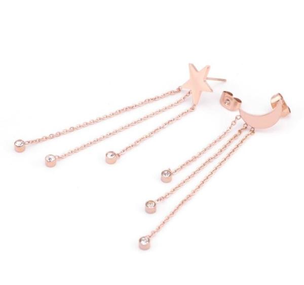 Sun Moon Shape Stud Earrings, Diamond Tassel Drop 316 Stainless Steel Women Earrings