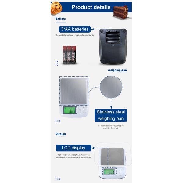 Báscula digital de alimentos de acero inoxidable con precisión de 1G para granos de café, panadería y té. Fácil mantenimiento. Pesaje culinario. Soporte OEM personalizado.
