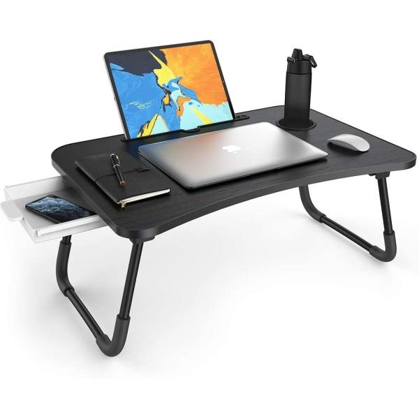 Adjustable Height Folding Lap Desk with Storage Drawer and Cup Holder