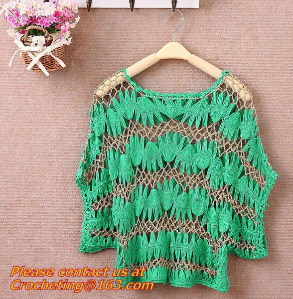 Women Hand Crocheted Batwing Sleeve Sweater, Cover up, pull over, Garment with hat, appare