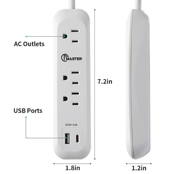 4 outlet Power Socket 1.5FT Cord, 2 USB Surge Protector, Power Charge