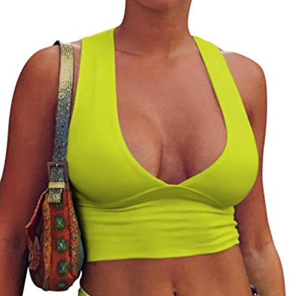 215gsm Women'S Sexy Deep V Neck Bra Back Cutout Wide Hem Racerback Tank Crop Tops