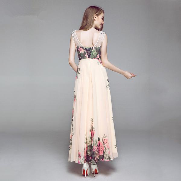 Double Shoulder Straps Rose Print Flower Bridesmaid Dress Chiffon Bridesmaid Dress