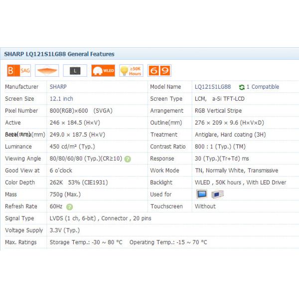 LQ121S1LG88 Medical LCD Panel 12.1 Inch 800*600 LVDS LED 400 cd/m2