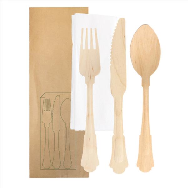 Biodegradable Disposable 200mm Wooden Knife Fork Spoon Birch Wood With Napkin Wrapped