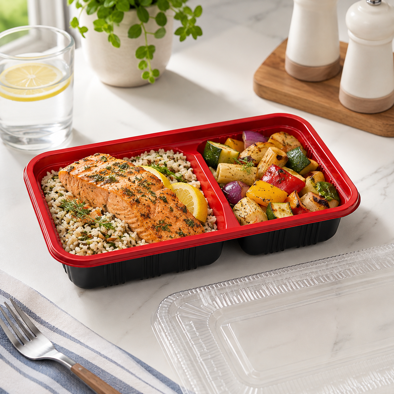 Two Compartment Red Black PP Food Trays for Meal Preparation