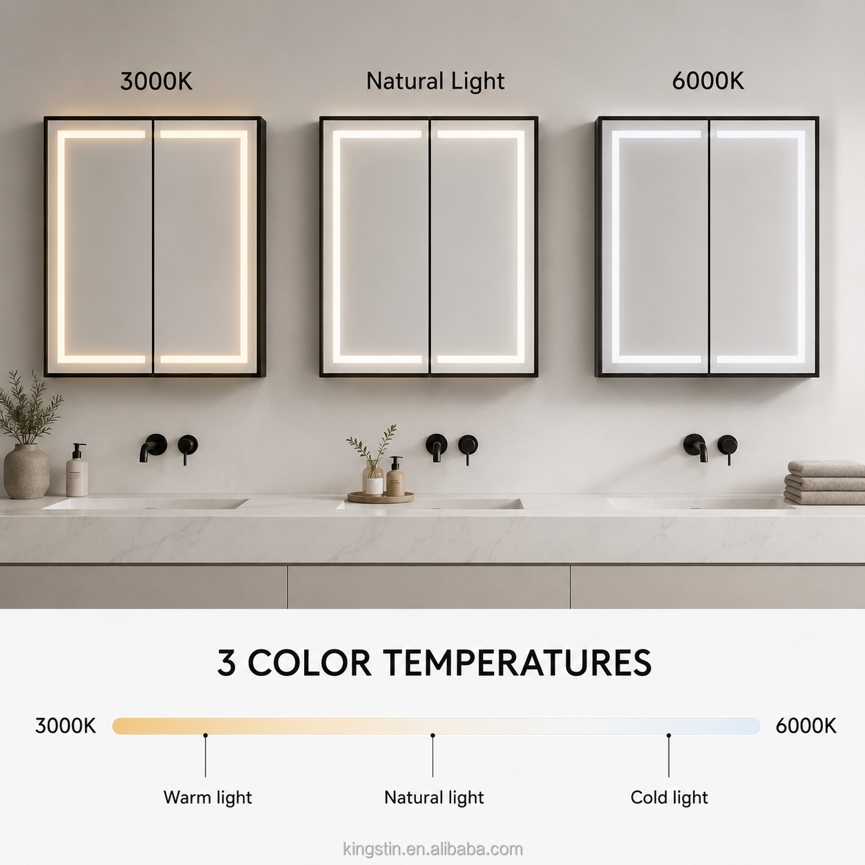 Kingstin Luxury Customizable LED Bathroom Mirror Cabinet with Anti-Fog Dimmable Light & Adjustable Storage Matte Black
