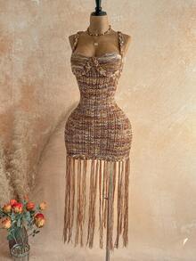 Bohemian Summer Dress with Handmade Braided Rope Trim in Flattering Tropical Orange Tone and Premium Light Sweater Knit