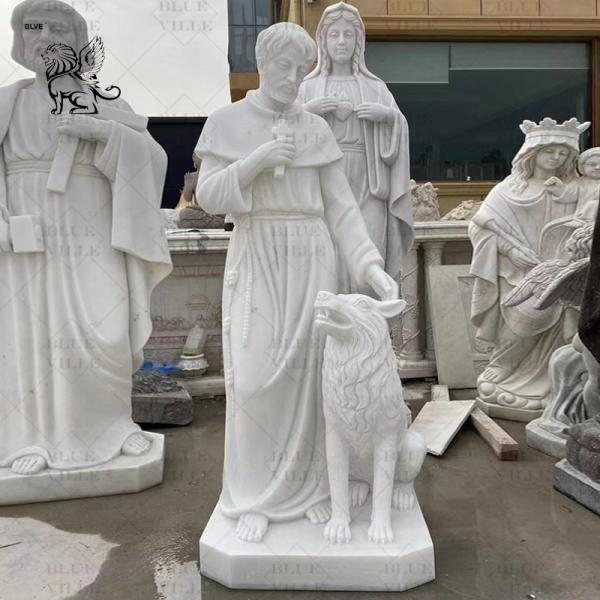 White Marble Religious Saint Francis Sculpture Statues With Wolf Life Size Outdoor Hand Carved