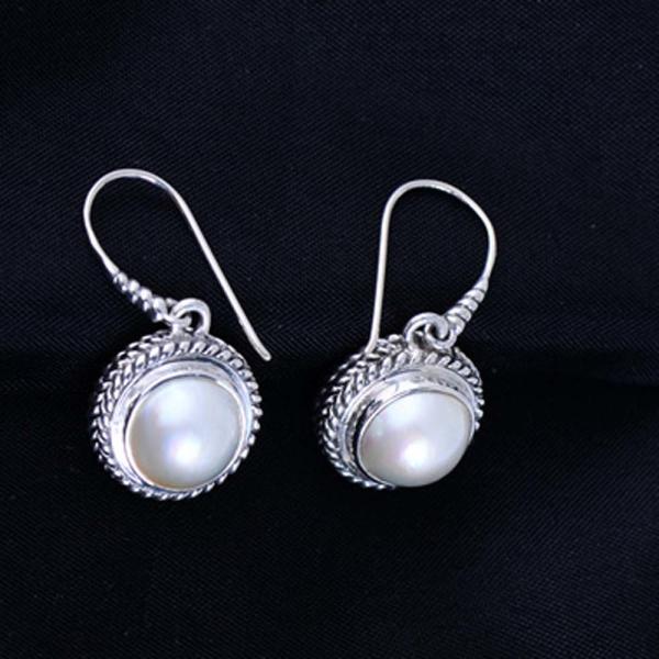 Vintage Sterling Silver Round Shell Pearl Bead Drop Dangle Earrings (060320)