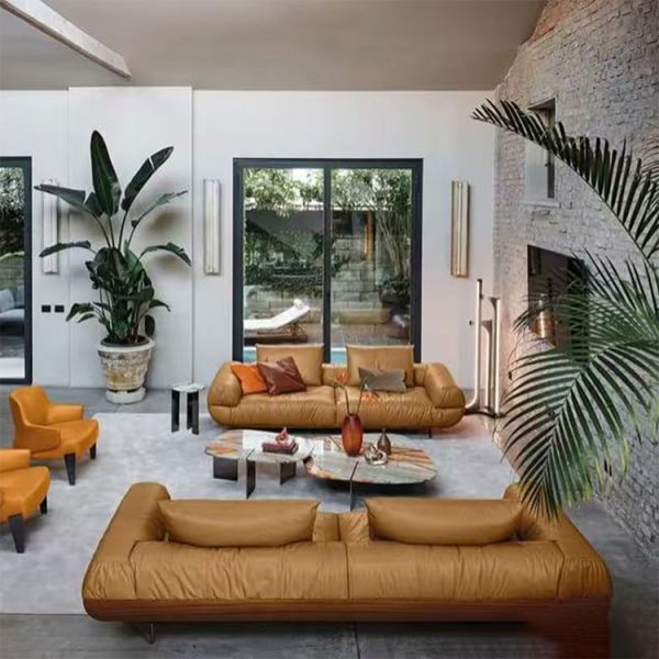 Luxury Designer Style Hotel Villa Living Room Leather Sofa Modern Italy Wood Frame Brown 3 Seat Sofa Furniture